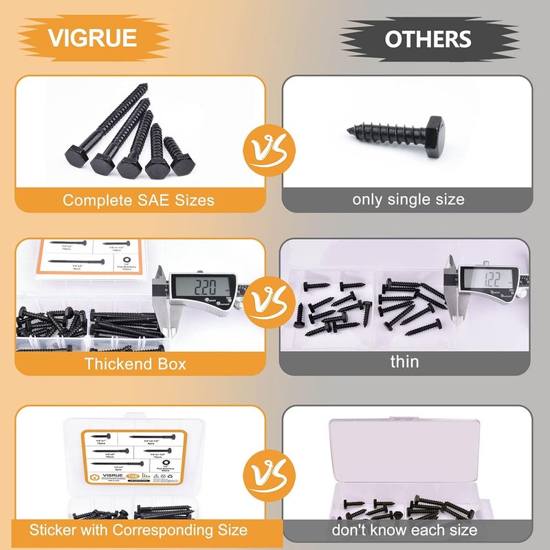 VIGRUE 1/4" Hex Lag Bolts Stainless Steel 18-8 (304), 108PCS Black Oxidized, Hex Lag Screws Heavy Duty Wood Screws Washers Assortment kit, Length Include 1" 1-1/2" 2" 2-1/2" 3" - Image 2